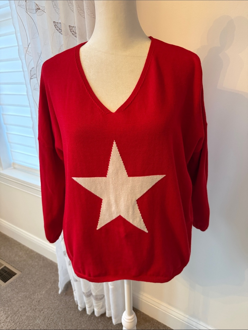 Red V-Neck Star Sweater -